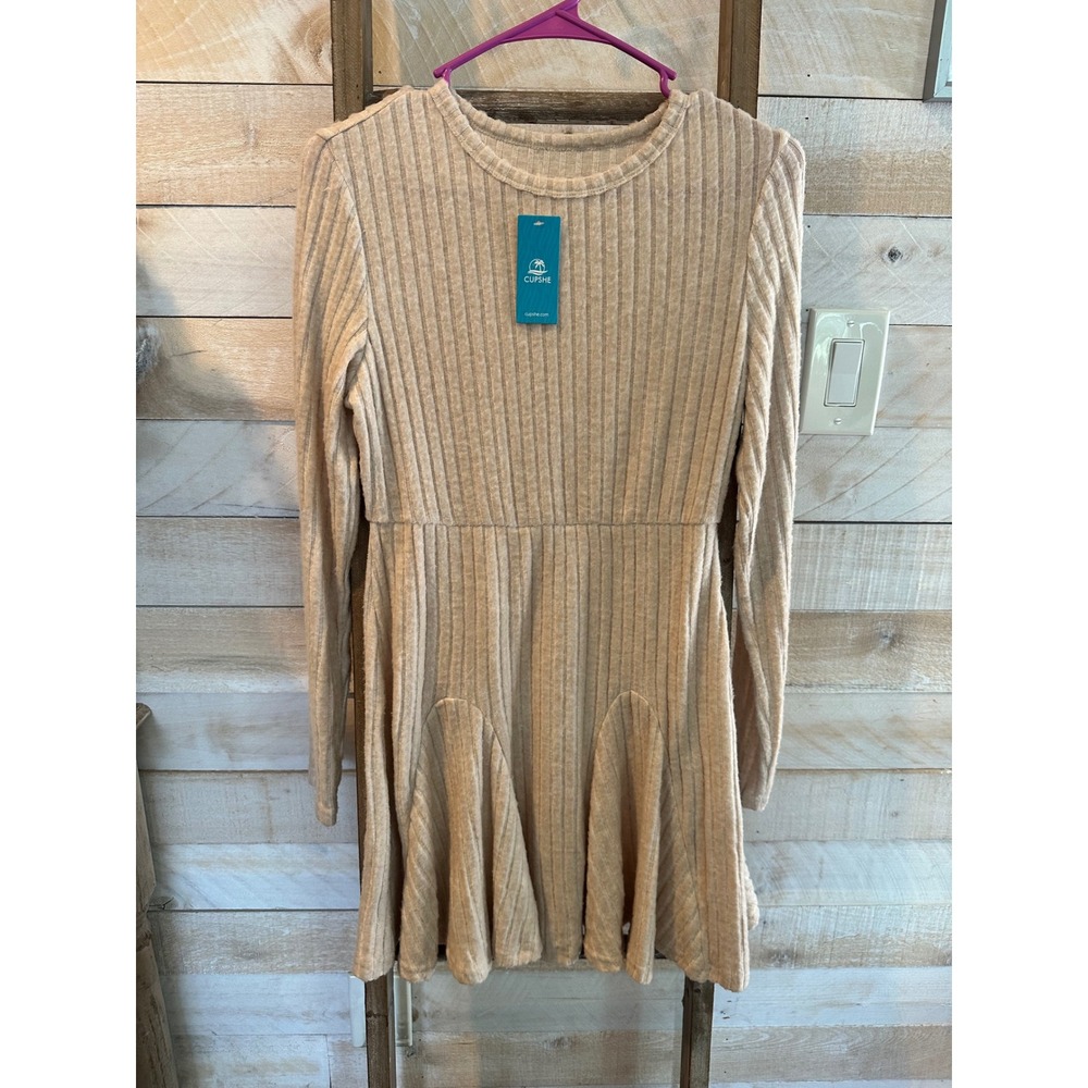 Cupshe Beige Ribbed Knit Long Sleeve Fit and Flare Mini Dress CAA05A4J008GG S